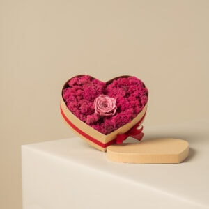 ροζ moss σε κουτί σχήματος καρδιάς με αθάνατο τριαντάφυλλο χρώματος σάπιου μήλου