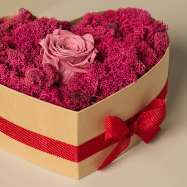 χειροποίητη καρδιά με βαλσαμωμένο moss χρώματος ροζ και ένα αθάνατο τριαντάφυλλο χρώματος σάπιο μήλο στην μέση